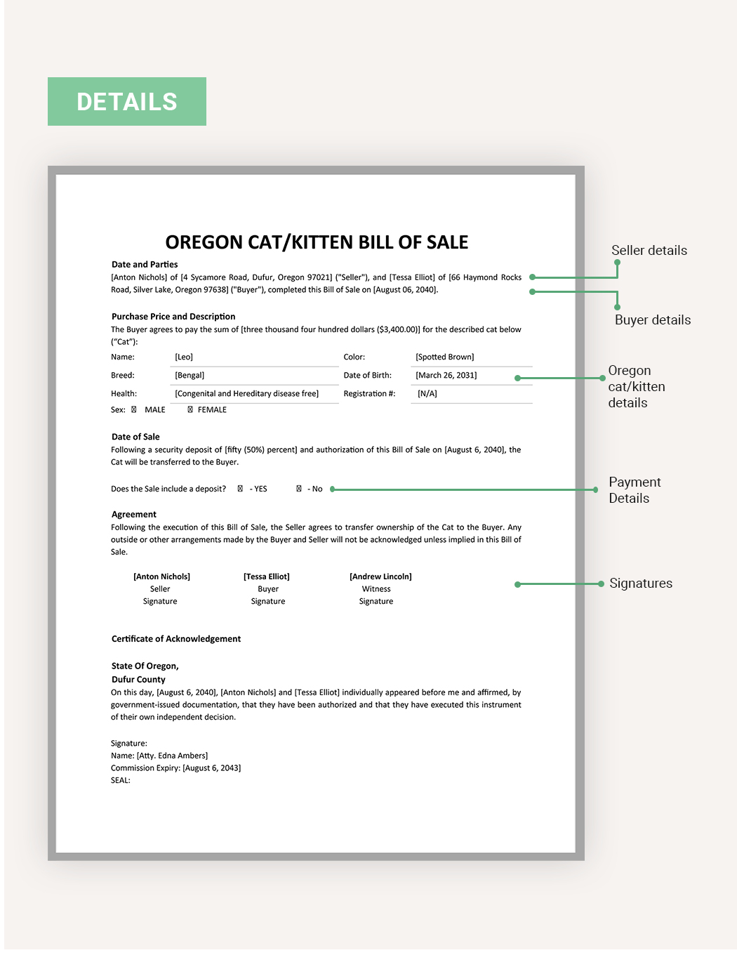 Oregon Cat / Kitten Bill Of Sale Template