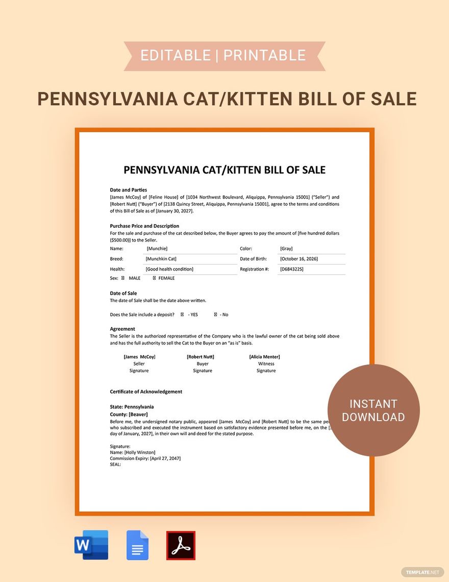 Pennsylvania Cat / Kitten Bill Of Sale Template in Word, Google Docs, PDF