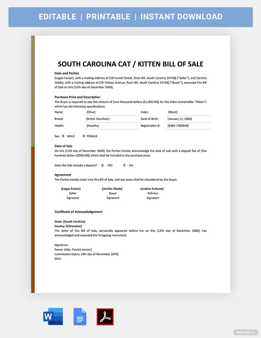South Carolina Cat / Kitten Bill Of Sale Template