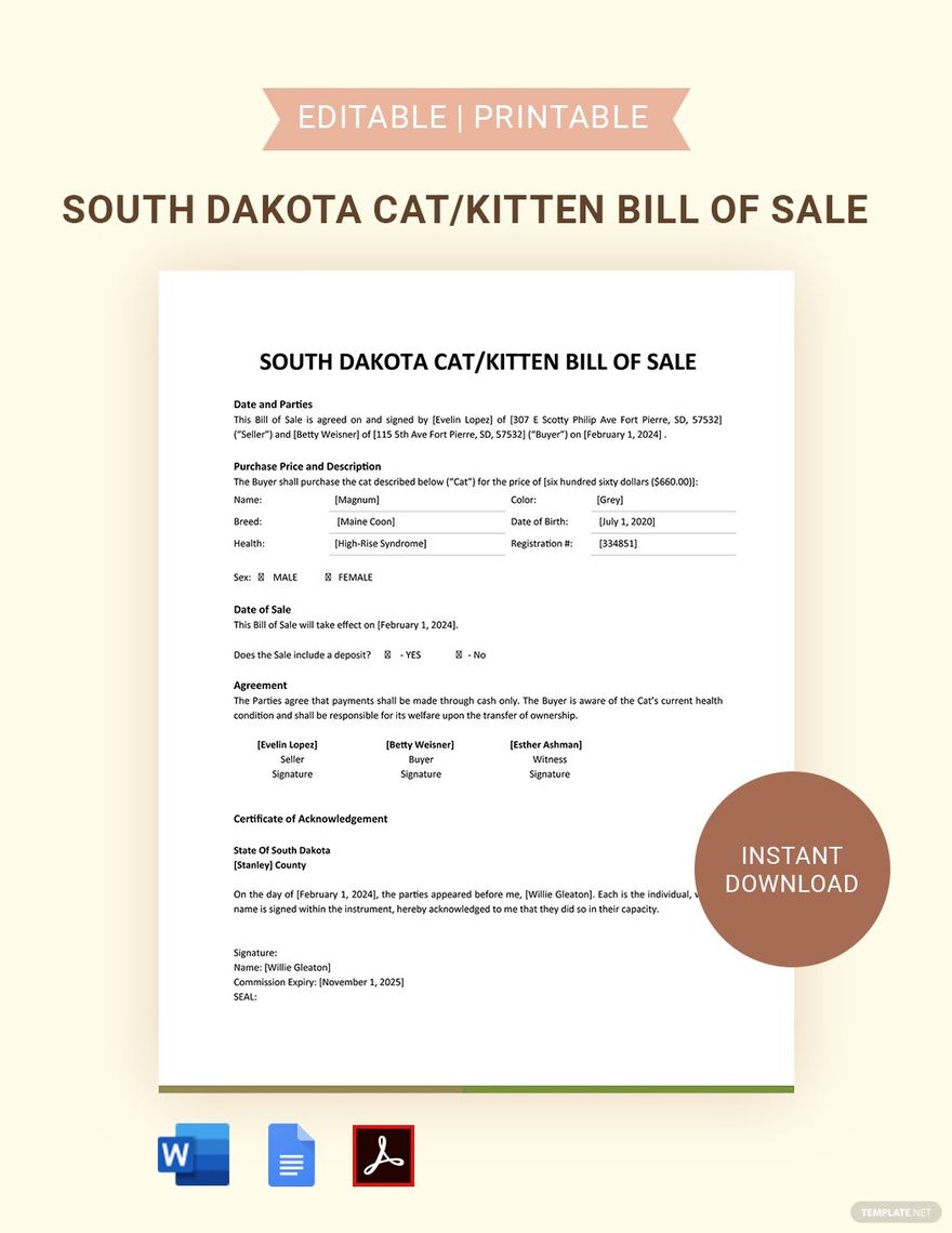 South Dakota Cat / Kitten Bill Of Sale Template in Word, Google Docs, PDF