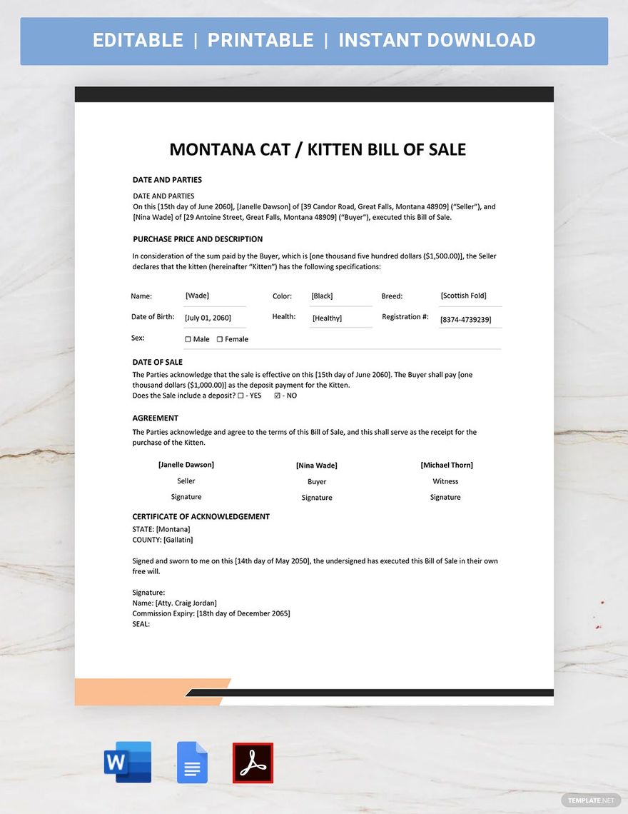 Montana Cat / Kitten Bill of Sale Template