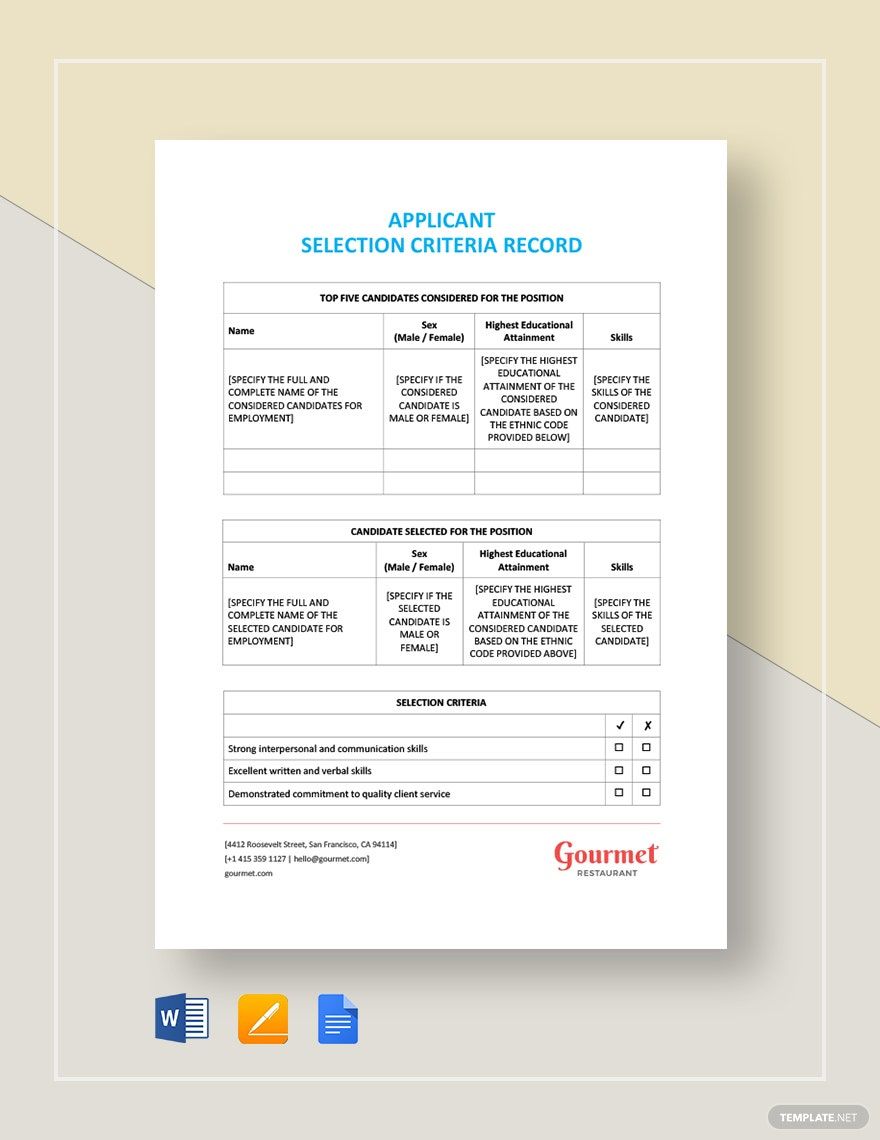 Applicant Selection Criteria Record Template in Word, Google Docs, Apple Pages