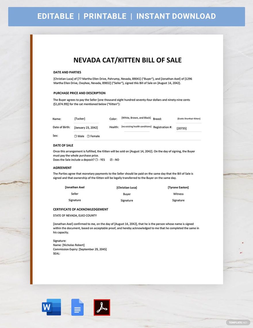 Nevada Cat / Kitten Bill of Sale Template in Word, Google Docs, PDF