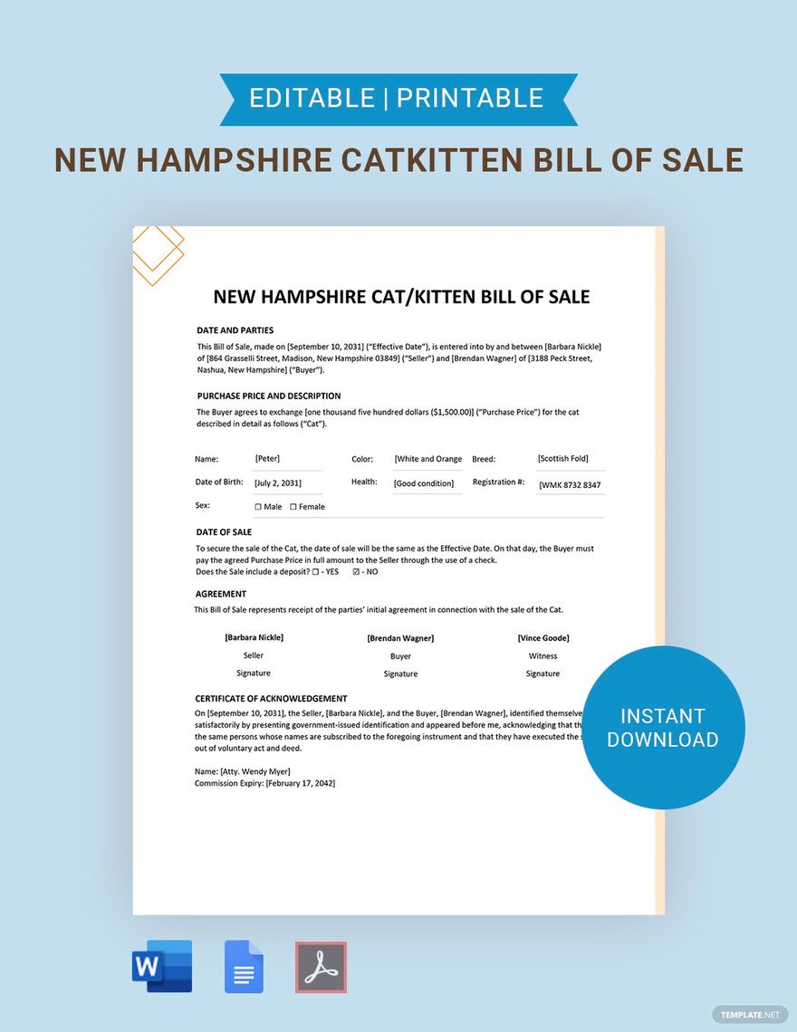 New Hampshire Cat / Kitten Bill Of Sale Template in Word, Google Docs, PDF