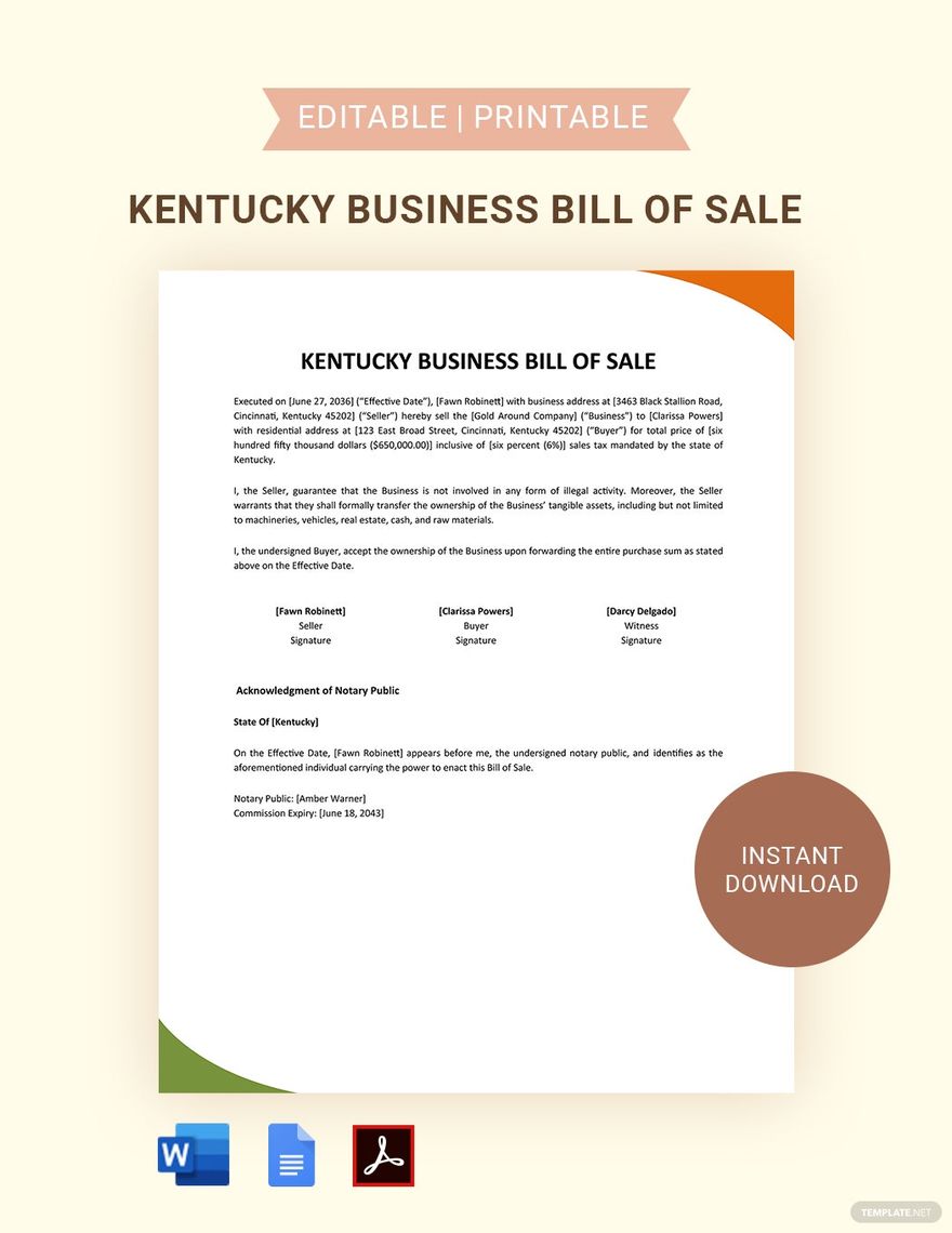 Kentucky Business Bill Of Sale Template