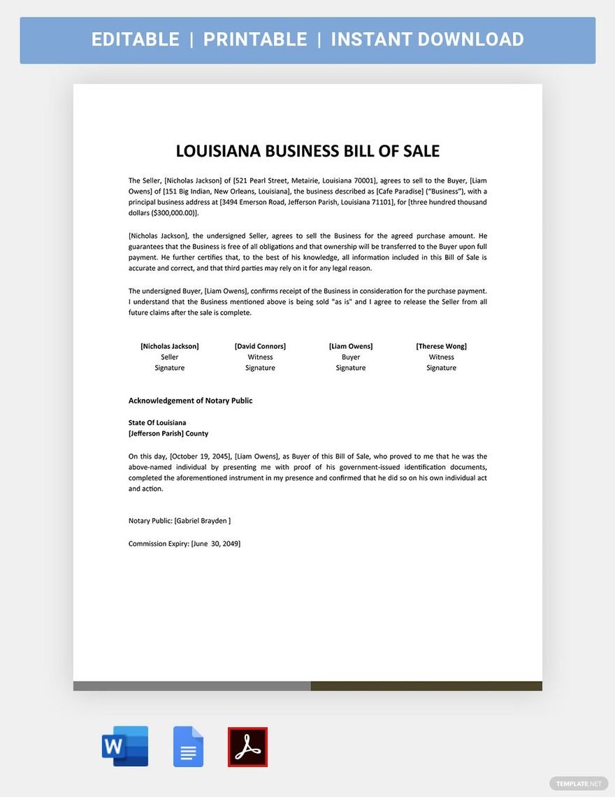 Louisiana Business Bill Of Sale Form Template
