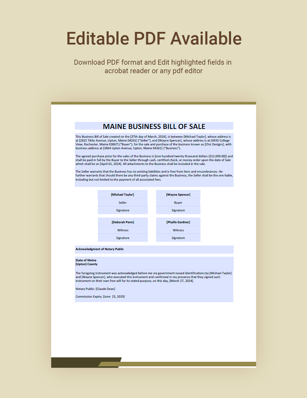Maine Business Bill Of Sale Template
