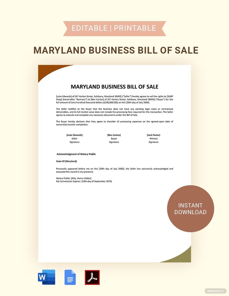 Maryland Business Bill Of Sale Template in Word, Google Docs, PDF