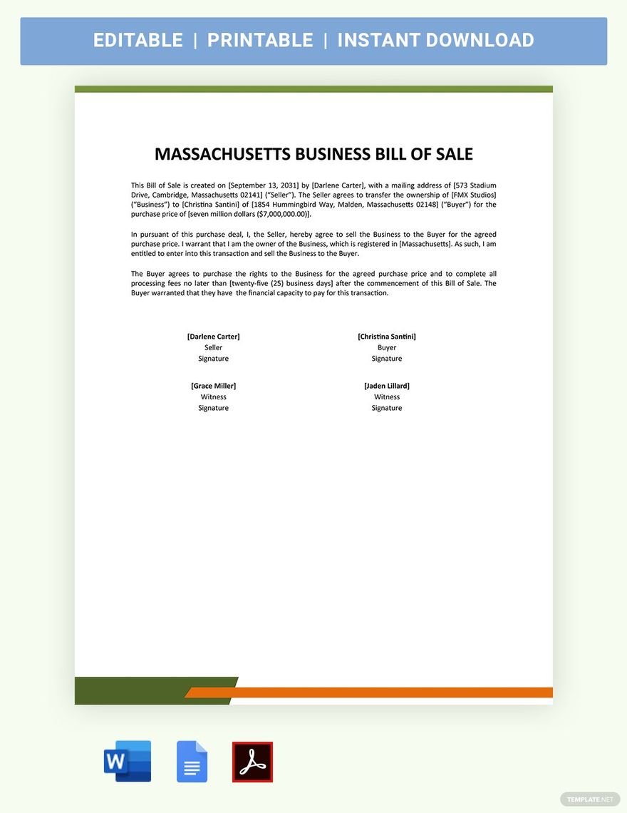 Massachusetts Business Bill Of Sale Template in Word, Google Docs, PDF
