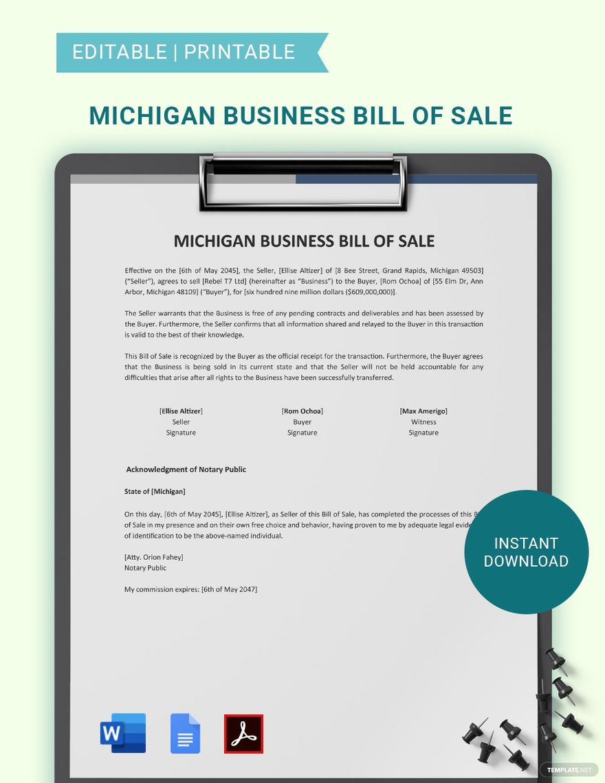 Michigan Business Bill Of Sale Template in Word, Google Docs, PDF