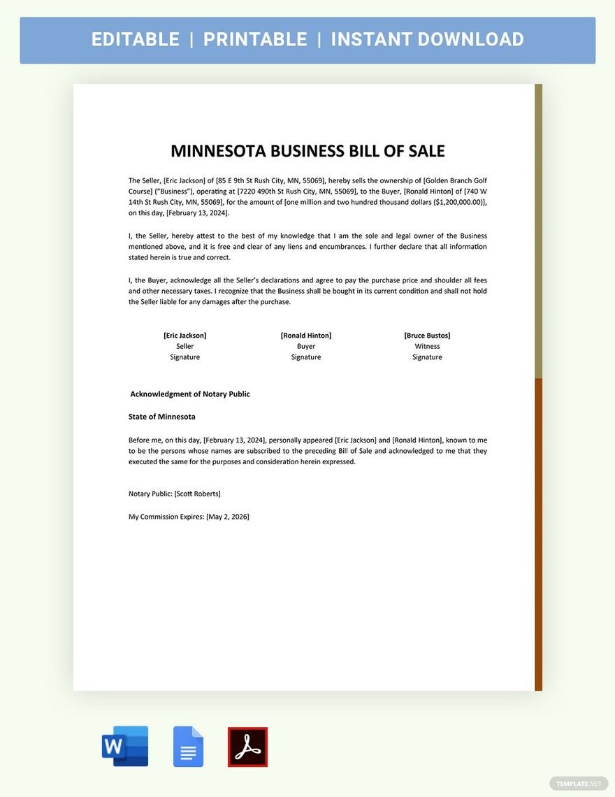 Minnesota Business Bill Of Sale Template