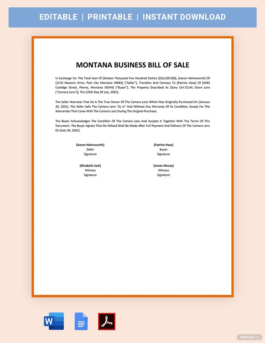 Montana Business Bill Of Sale Template