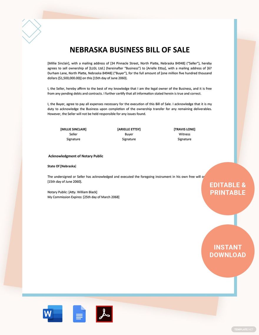 Nebraska Business Bill Of Sale Template