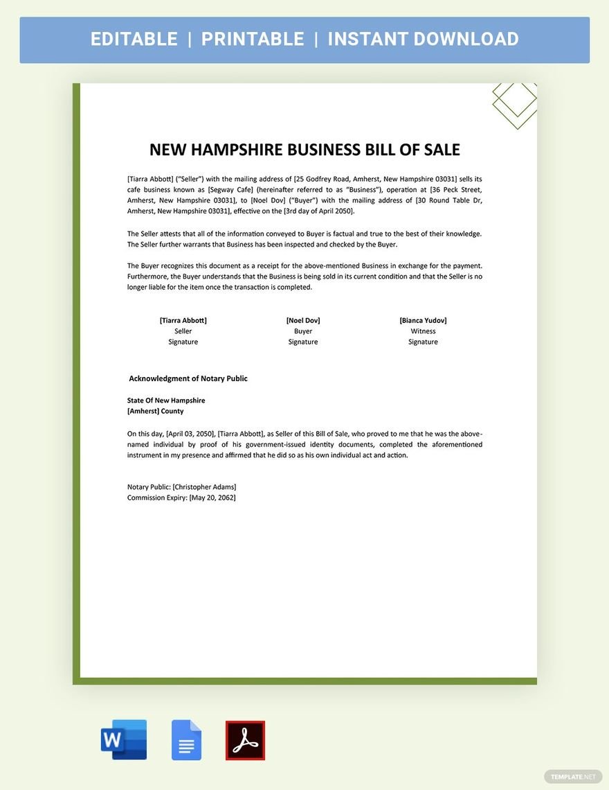 New Hampshire Business Bill Of Sale Template in Word, Google Docs, PDF