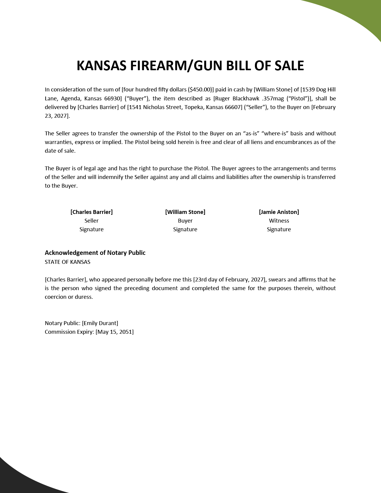Wisconsin Firearm/Gun Bill of Sale Template Google Docs Word PDF