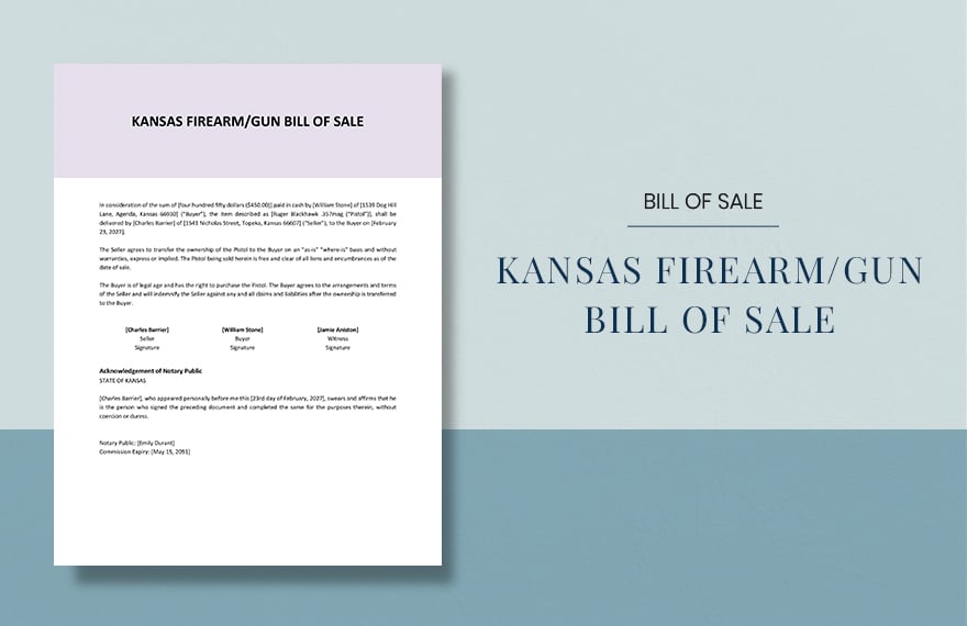 Kansas Firearm / Gun Bill Of Sale Template