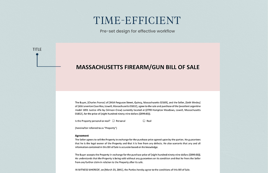 Massachusetts Firearm / Gun Bill Of Sale Template