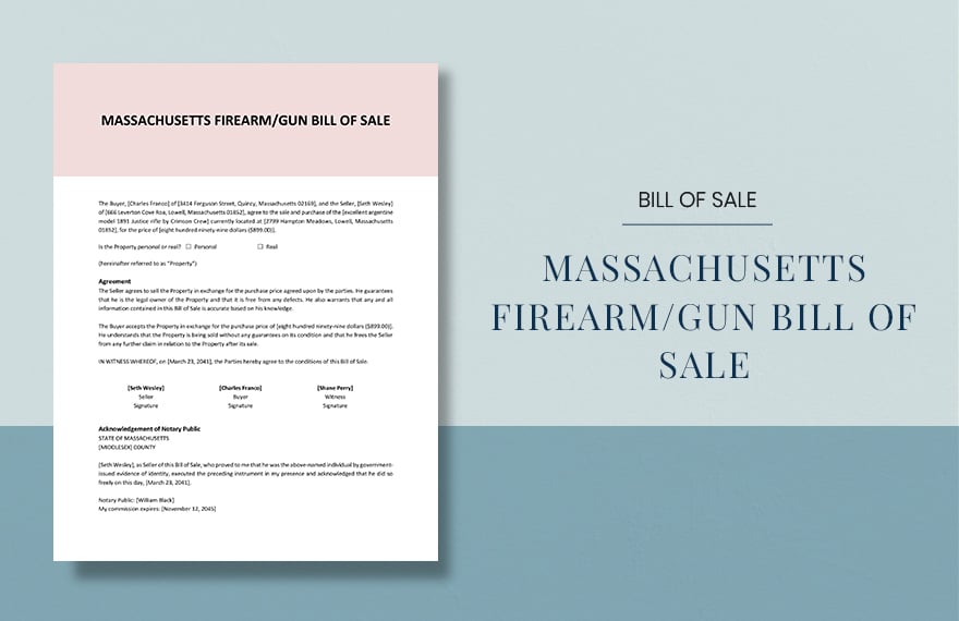 Massachusetts Firearm / Gun Bill Of Sale Template