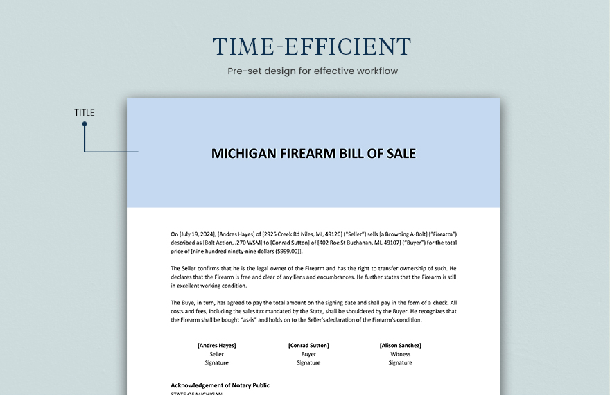 Michigan Firearm / Gun Bill of Sale Form Template