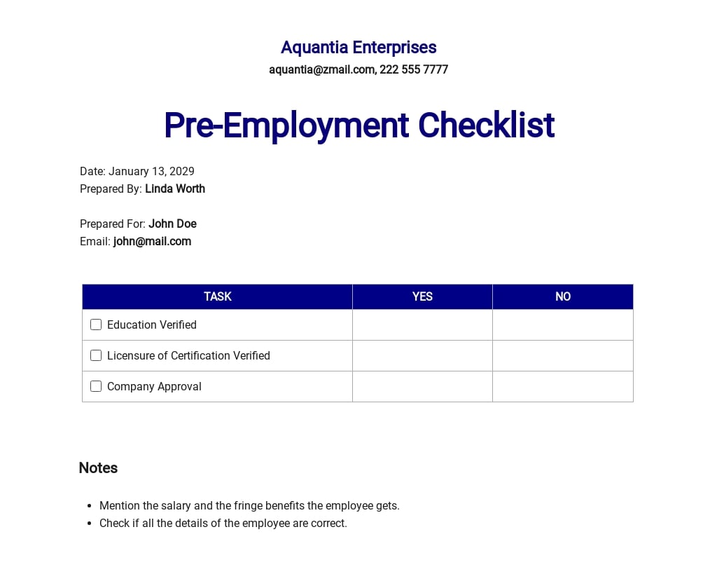 Pre Employment Checklist Pre Employment Checklist Fil 9027