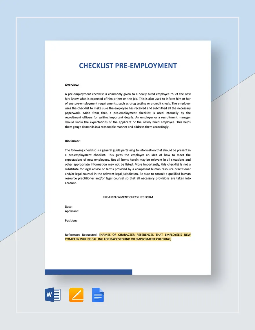 Checklist Pre-Employment Template in Word, Google Docs, Apple Pages