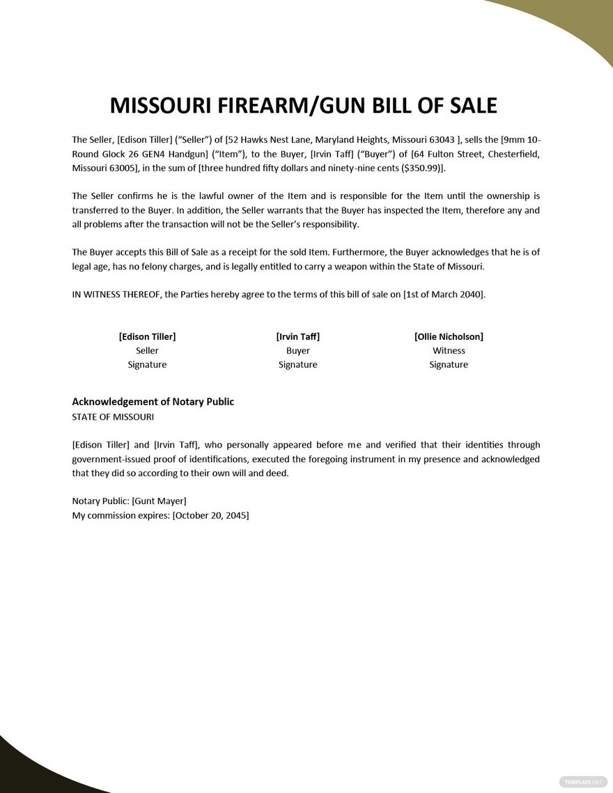 Missouri Firearm Gun Bill Of Sale Template Google Docs Word PDF 