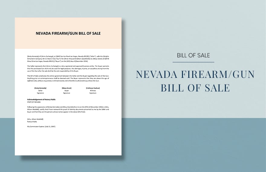 Nevada Firearm / Gun Bill Of Sale Template