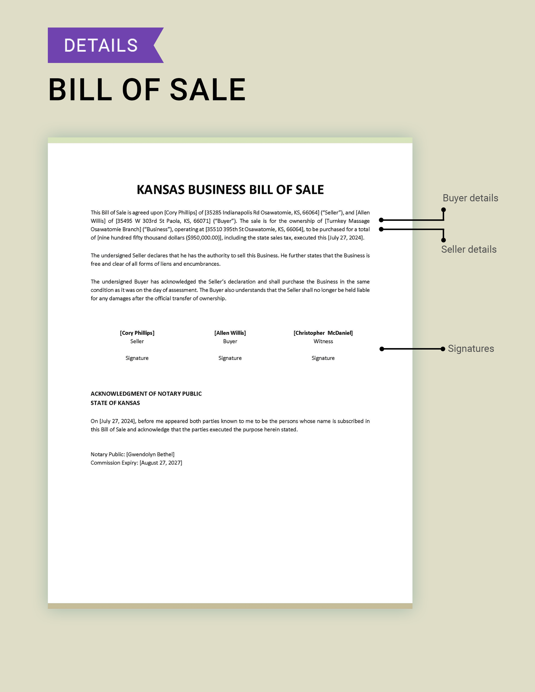 Kansas Business Bill of Sale Template