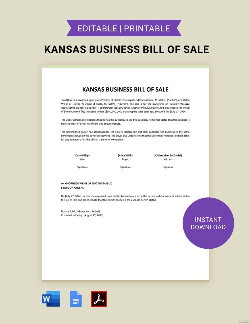 Kansas Business Bill of Sale Template in Word, Google Docs, PDF