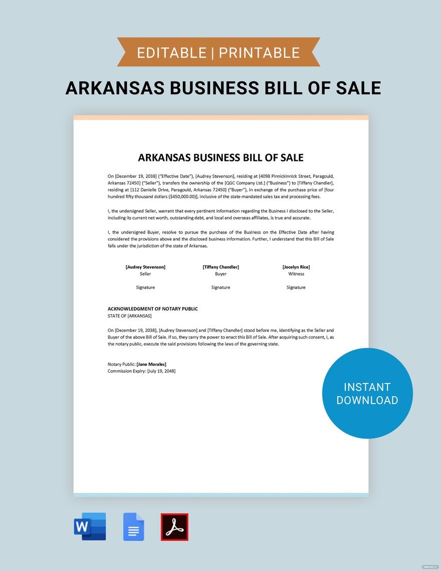 Arkansas Business Bill of Sale Template in Word, Google Docs, PDF