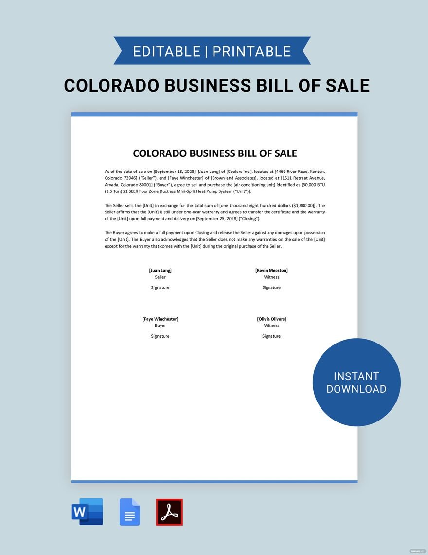 Colorado Business Bill of Sale Template Download in Word, Google Docs