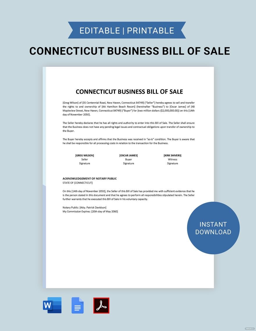 Connecticut Business Bill of Sale Template in Word, Google Docs, PDF