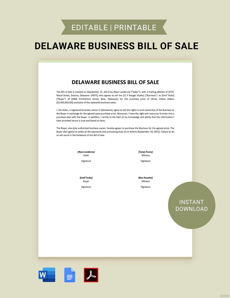 Delaware Business Bill of Sale Template