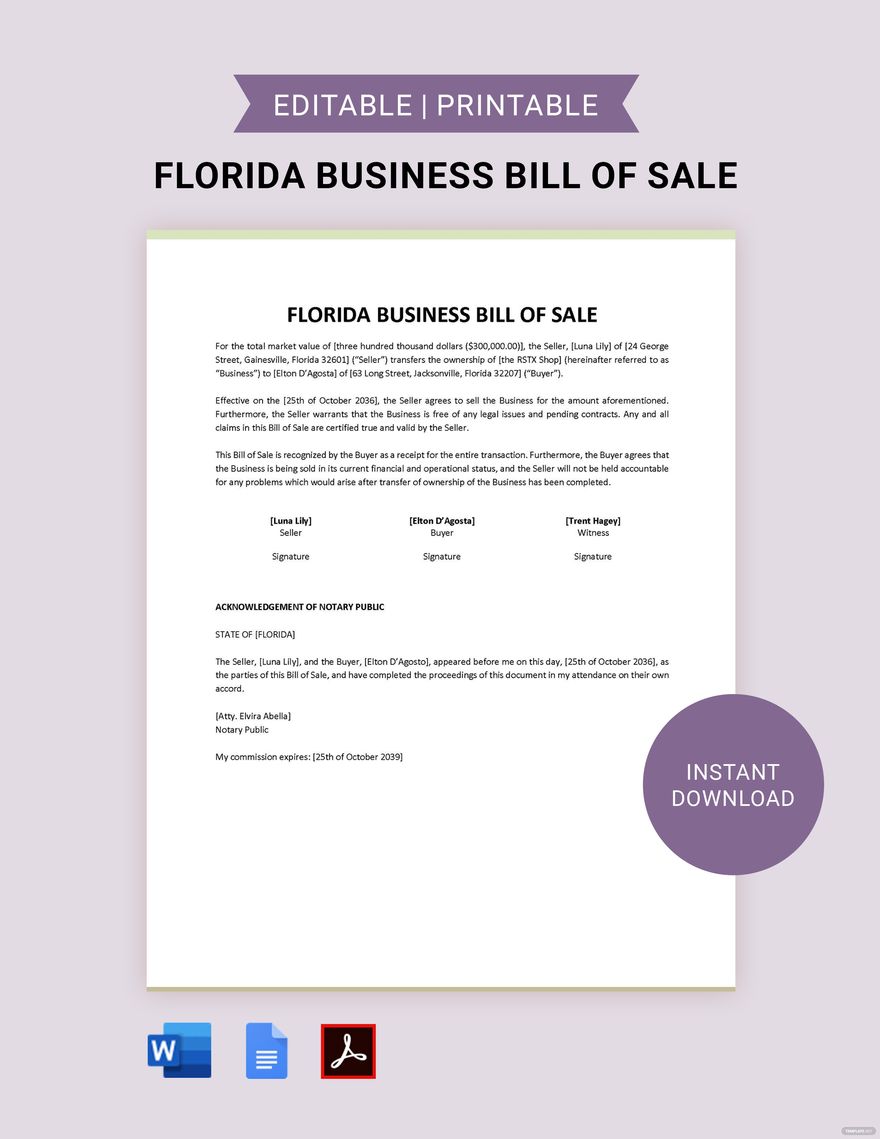Bill Of Sale Form Florida Free Printable