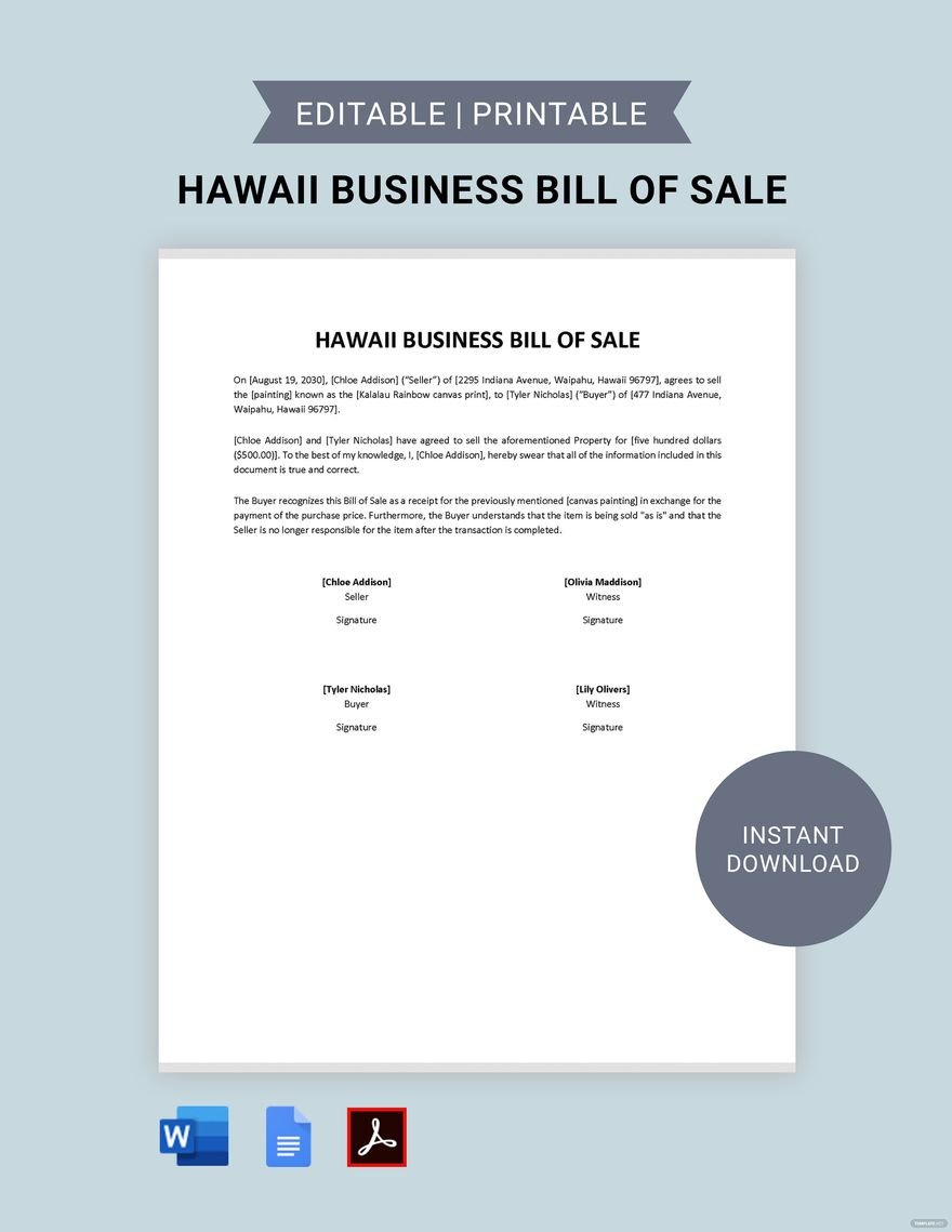 Hawaii Business Bill of Sale Template in Word PDF Google Docs