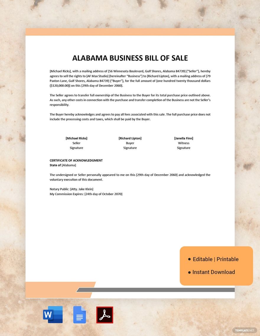 Alabama Business Bill of Sale Template in Word, Google Docs, PDF