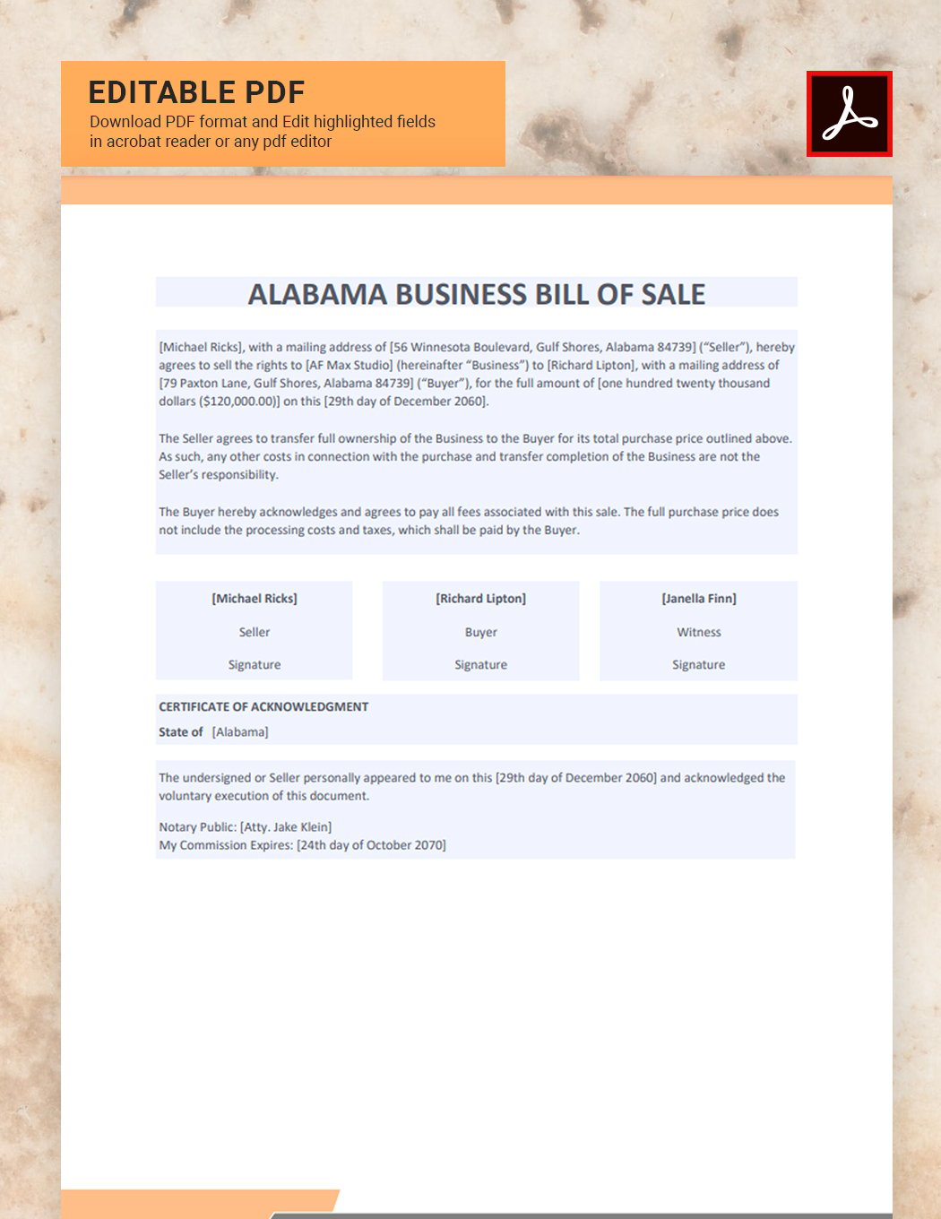 Alabama Business Bill of Sale Template