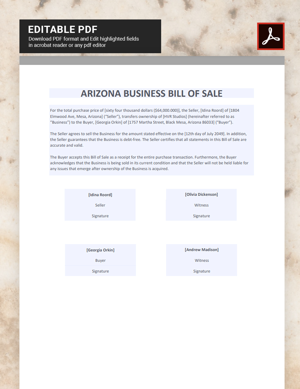 Arizona Business Bill of Sale Template