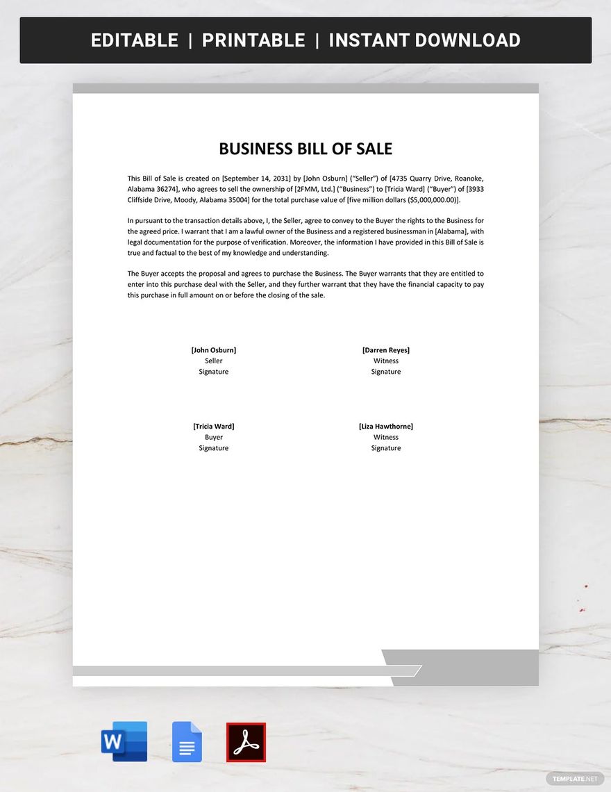 Business Bill Of Sale Template