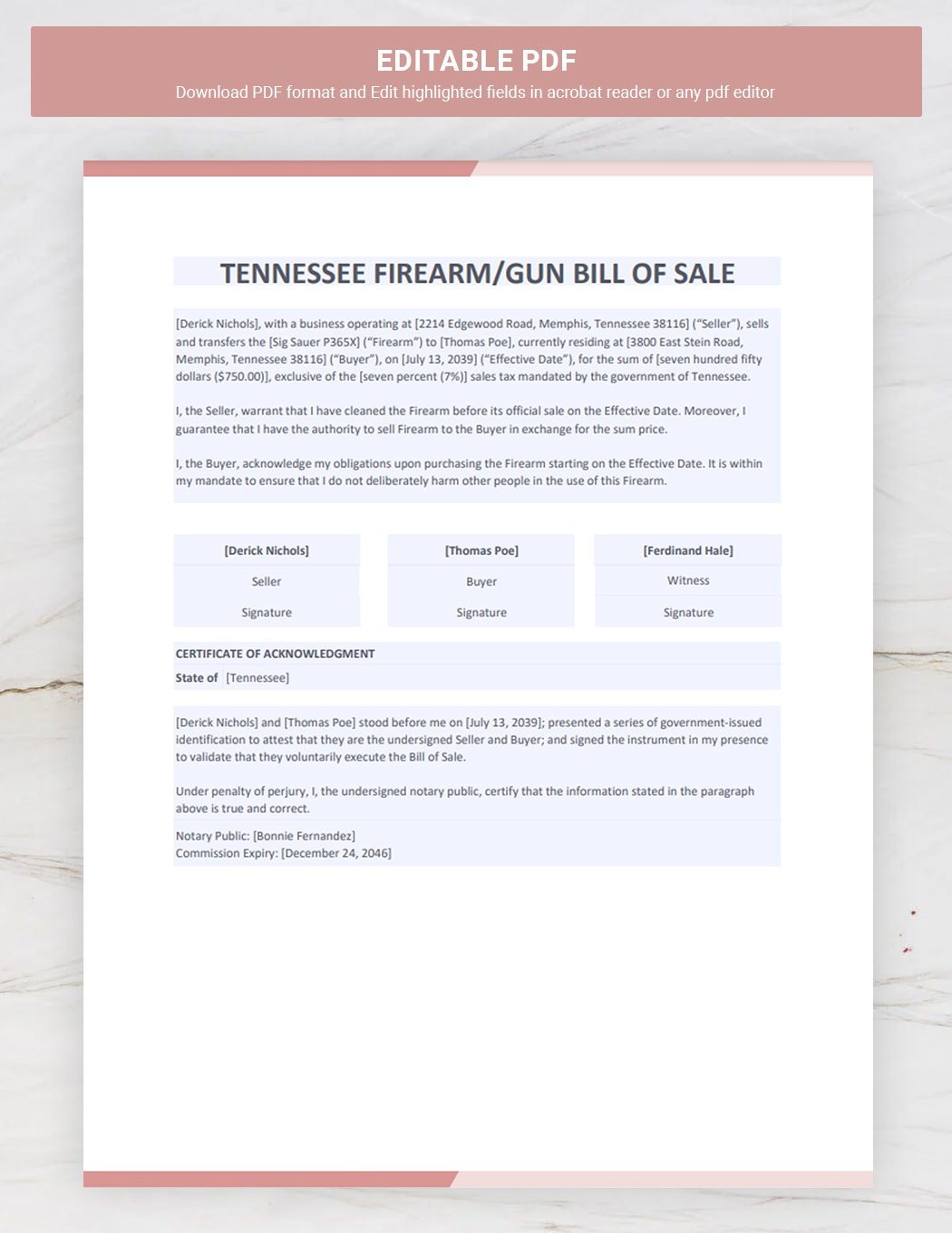 Tennessee Firearm/Gun Bill of Sale Template