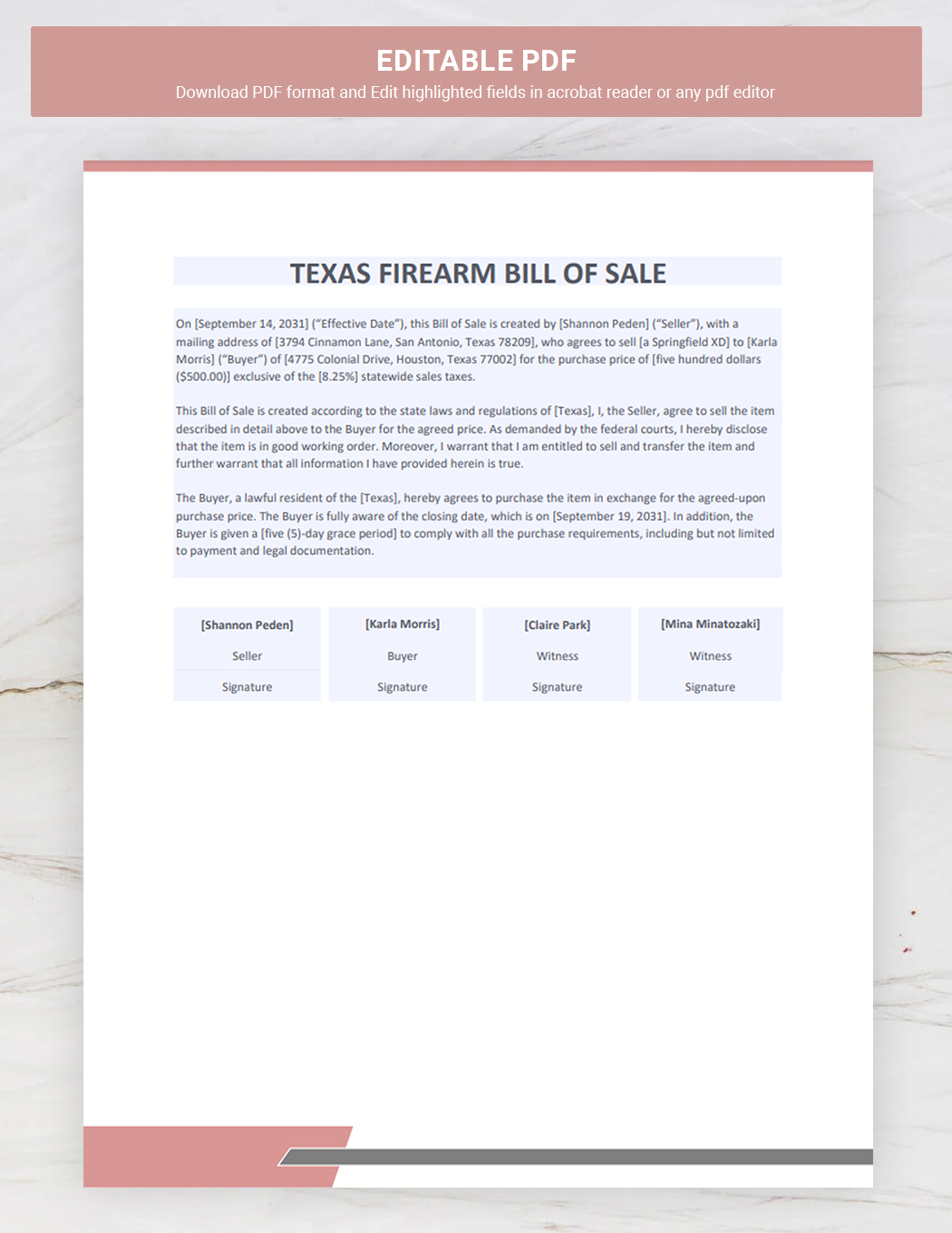 Texas Firearm/Gun Bill Of Sale Template