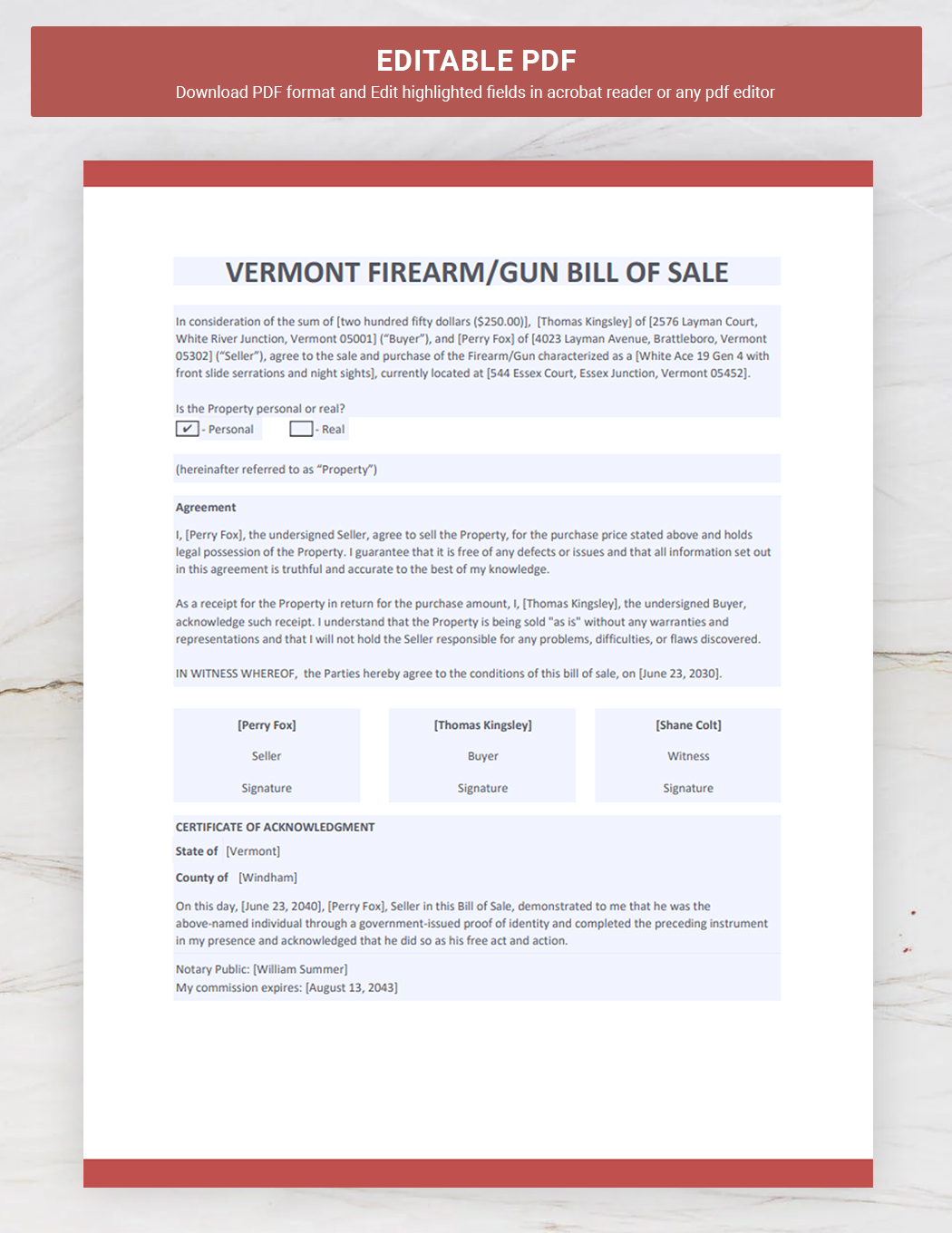 Vermont Firearm/Gun Bill of Sale Template