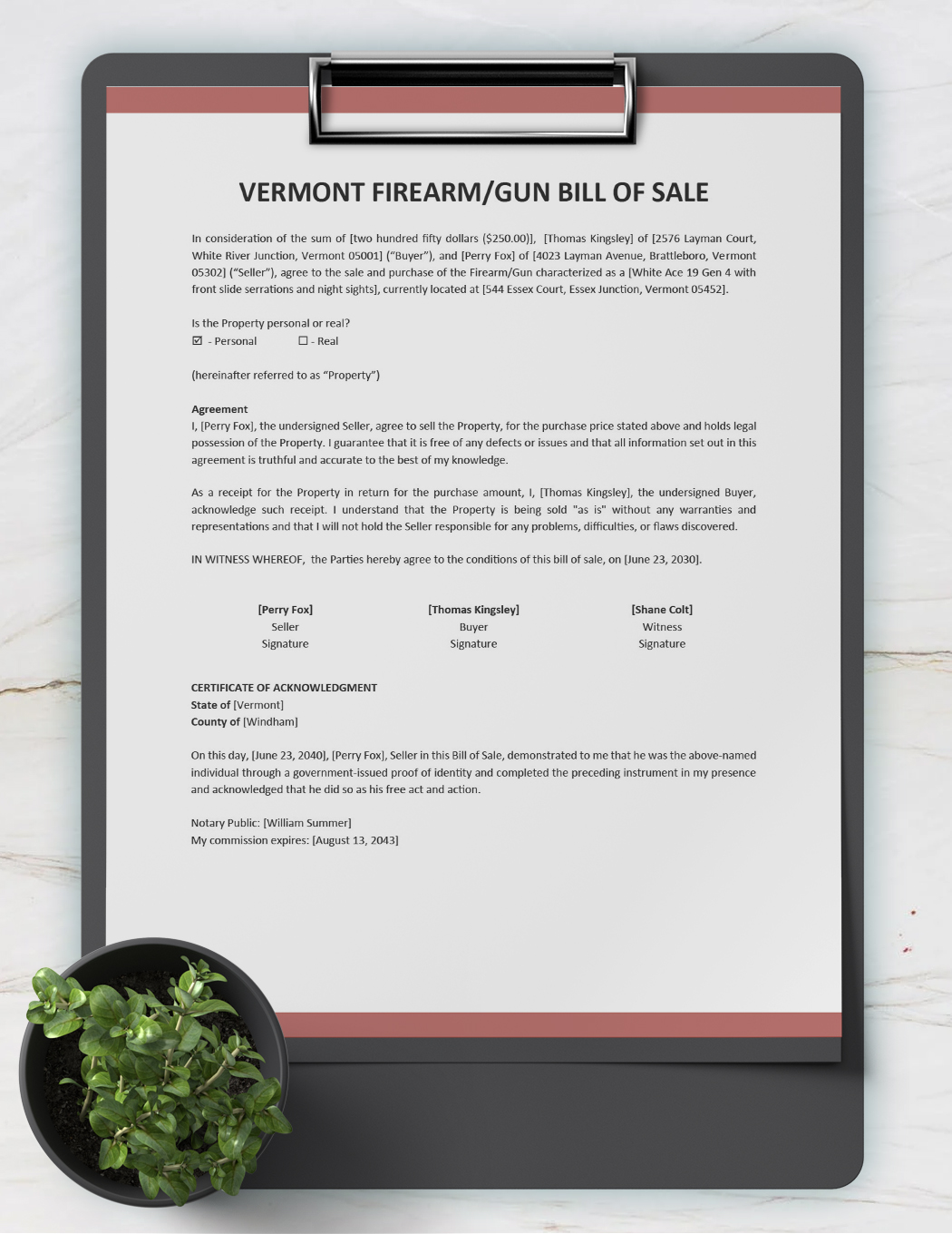 Vermont Firearm/Gun Bill of Sale Template