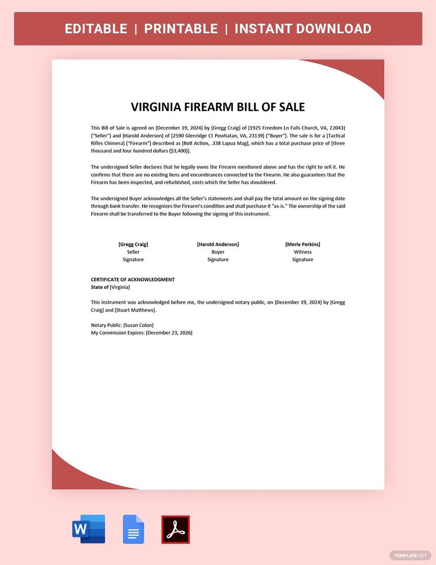 Virginia Firearm/Gun Bill of Sale Template