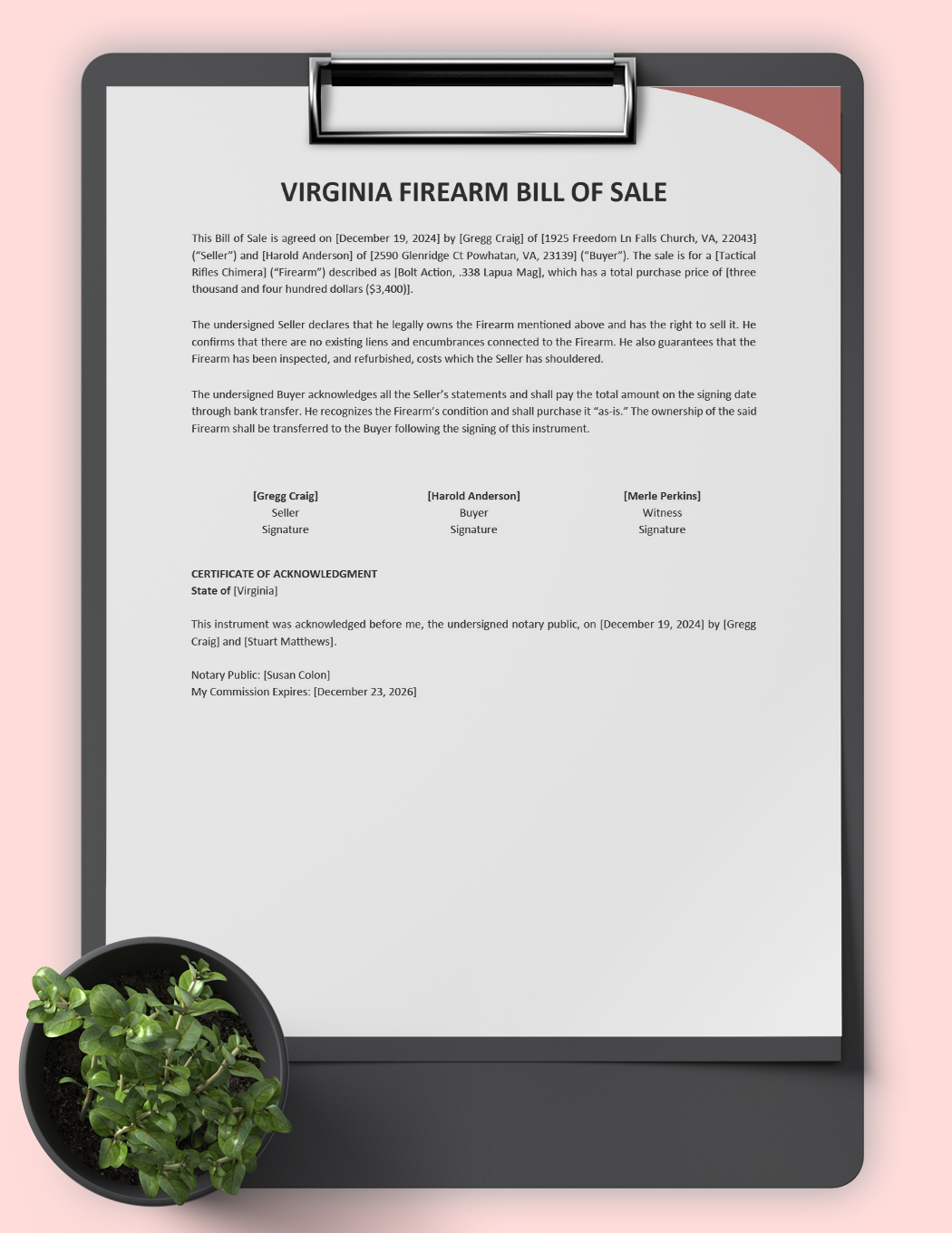 Virginia Firearm/Gun Bill of Sale Template