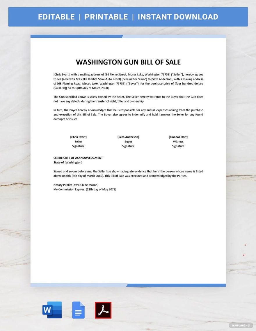 Washington Firearm/Gun Bill of Sale Template in Word, Google Docs, PDF