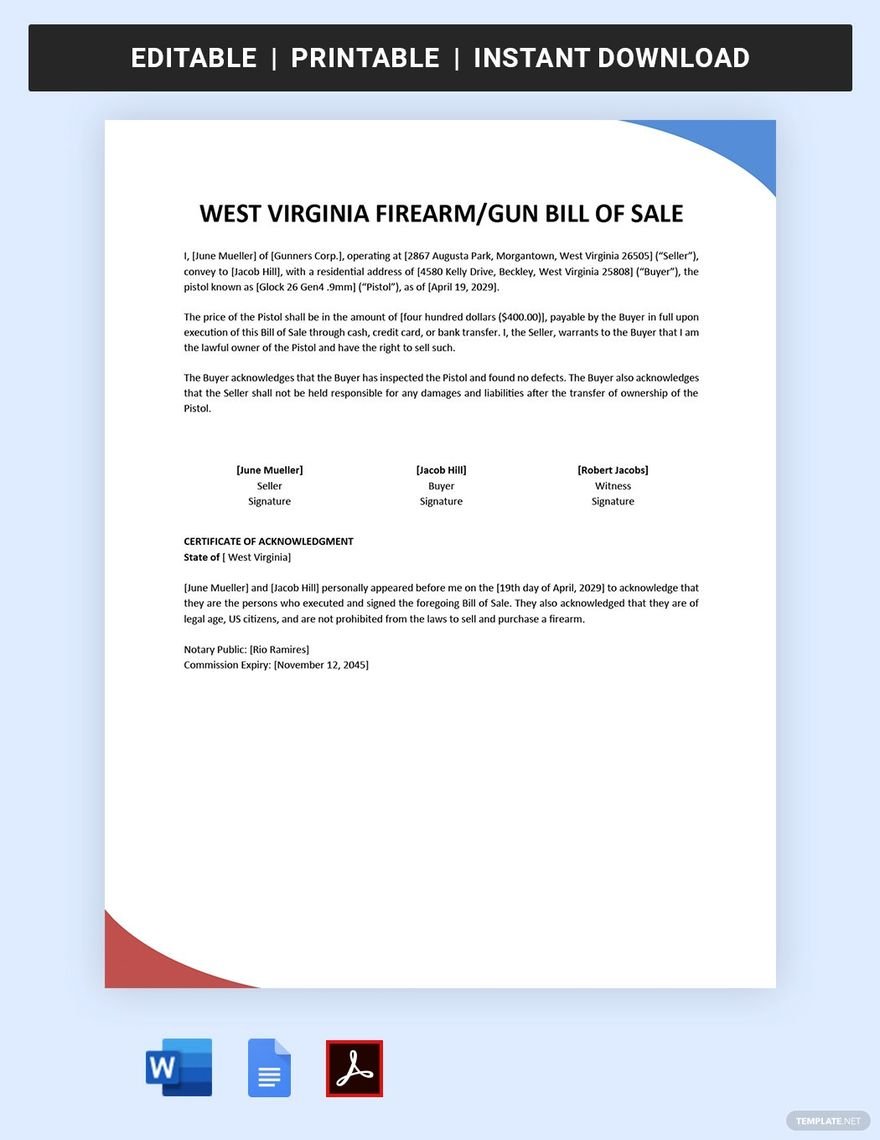 West Virginia Firearm/Gun Bill of Sale Template
