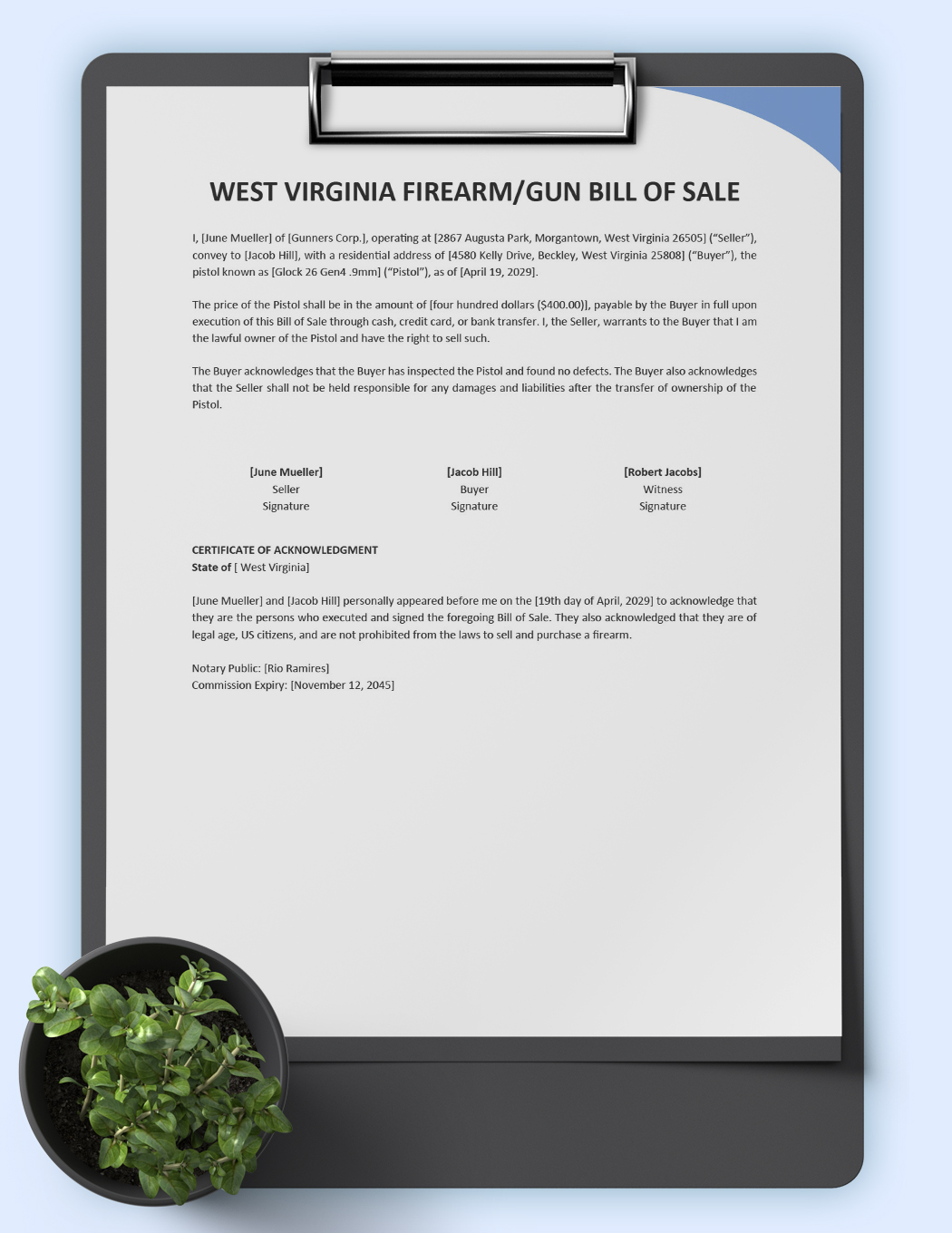 West Virginia Firearm/Gun Bill of Sale Template