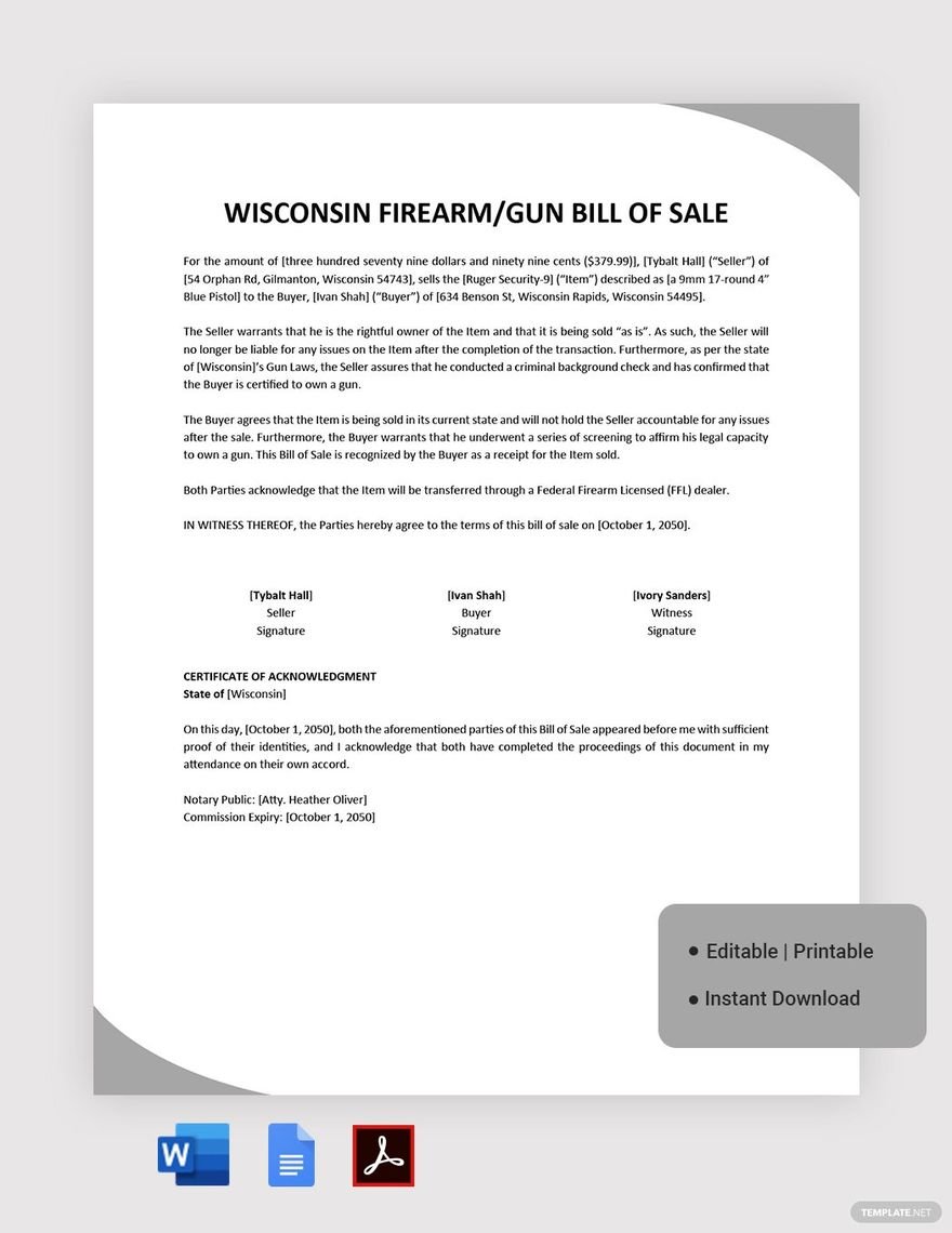 Wisconsin Firearm/Gun Bill of Sale Template