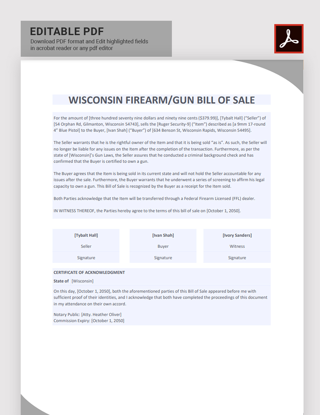 Wisconsin Firearm/Gun Bill of Sale Template